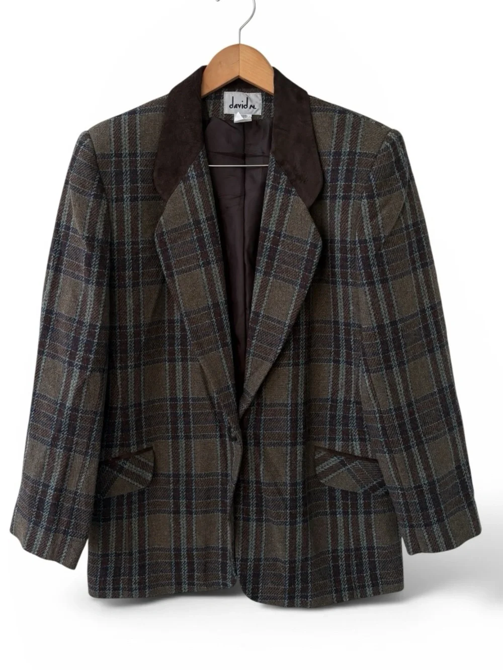 Vintage David N Wool Plaid Blazer Jacket Suede Collar Brown Blue Women’s Size 8